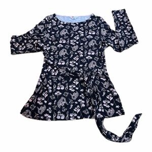 Boden Bernadette Jersey Top Blouse Womens Size 14 Black Pink Leaf Print Belted